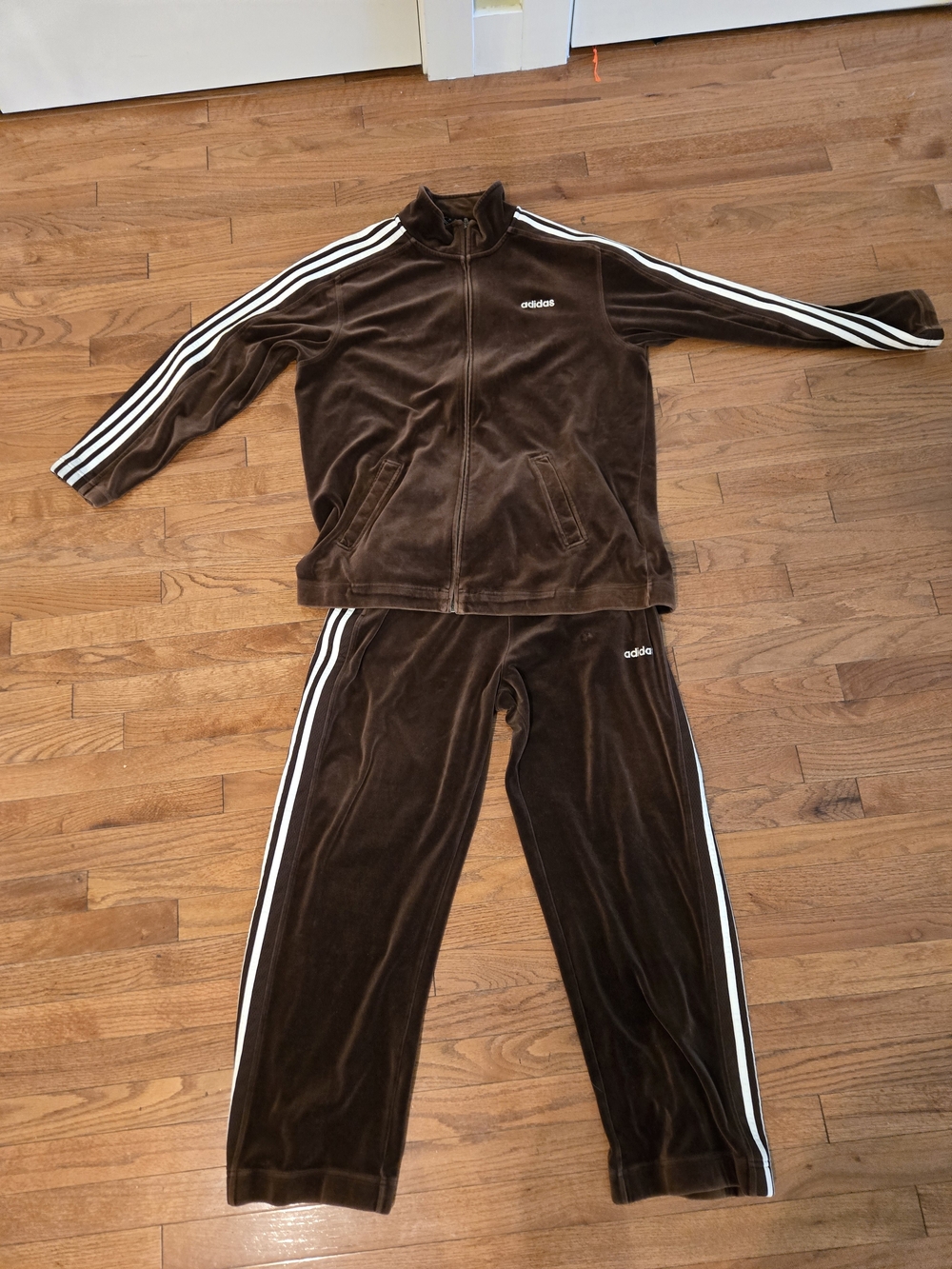 Vintage 2004 Adidas Velour Tracksuit Mens L Brown 3 Stripe Y2K